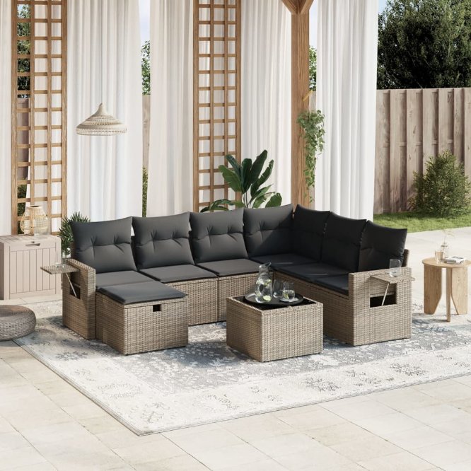 7-tlg. Garten-Sofagarnitur mit Kissen Schwarz Poly Rattan