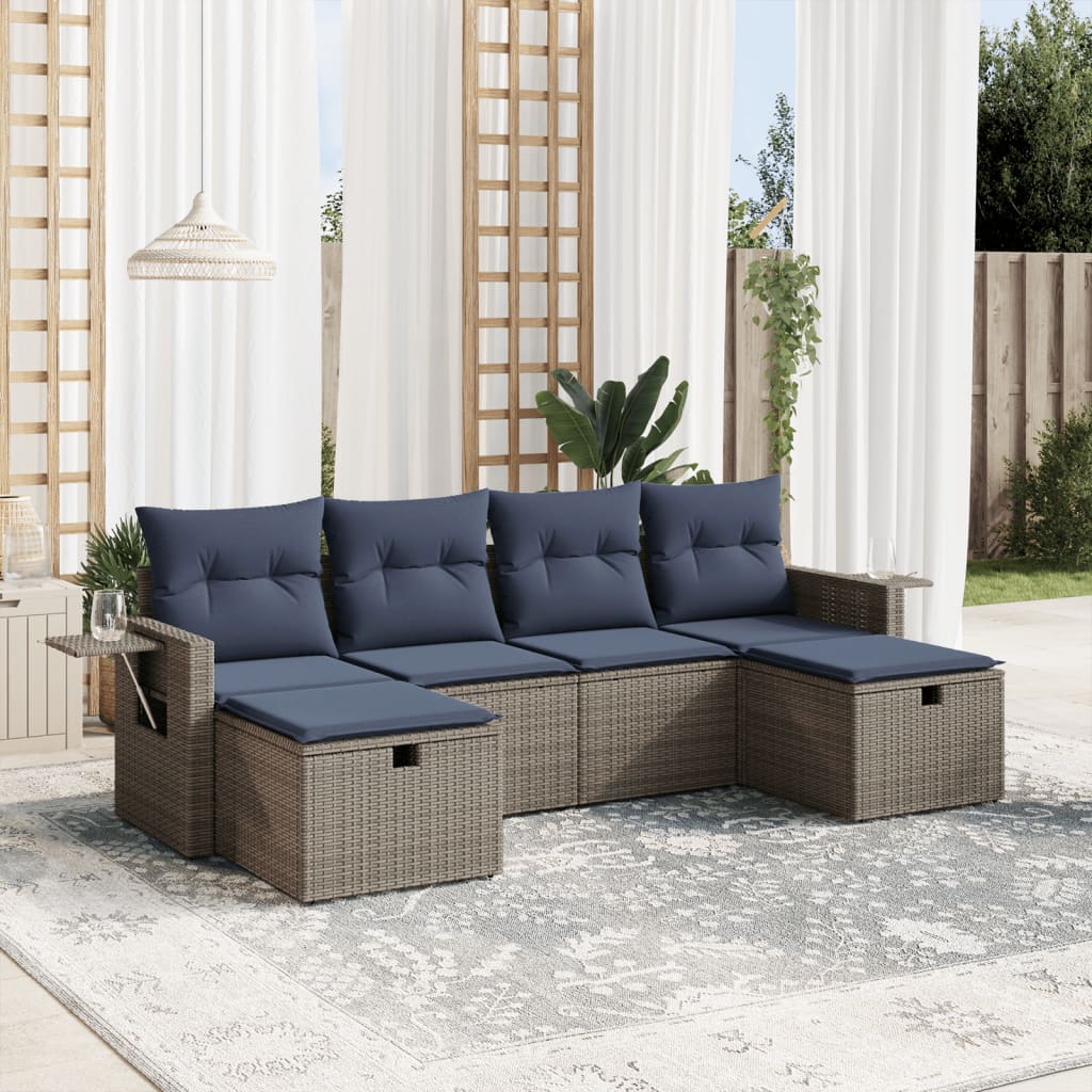6-tlg. Garten-Sofagarnitur mit Kissen Grau Poly Rattan