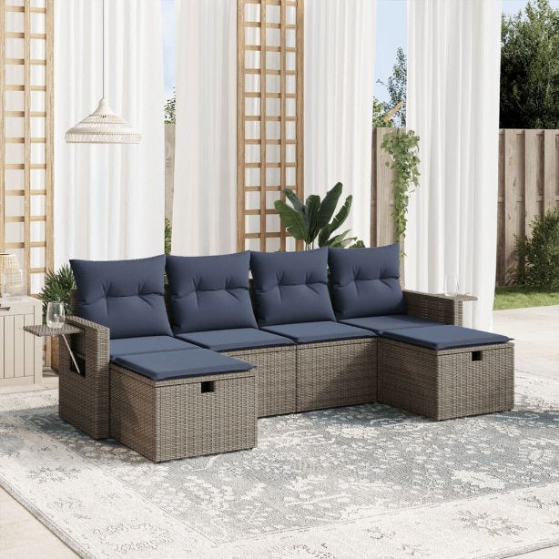 6-tlg. Garten-Sofagarnitur mit Kissen Grau Poly Rattan