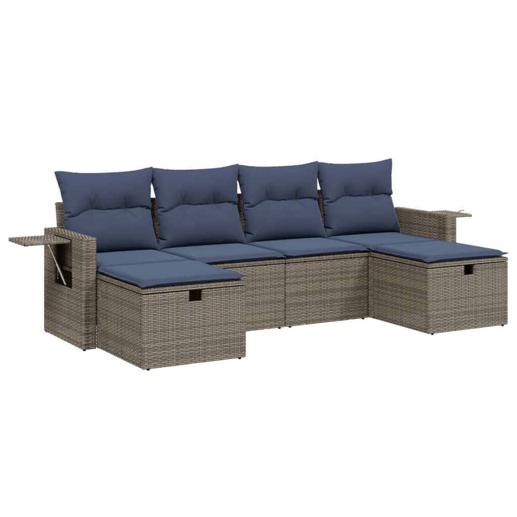6-tlg. Garten-Sofagarnitur mit Kissen Grau Poly Rattan