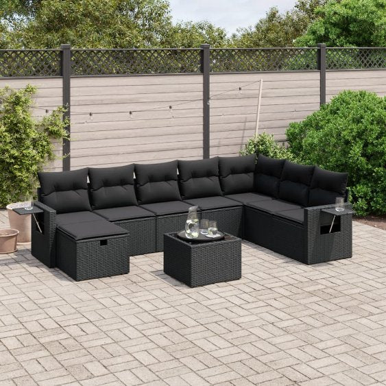 8-tlg. Garten-Sofagarnitur mit Kissen Schwarz Poly Rattan