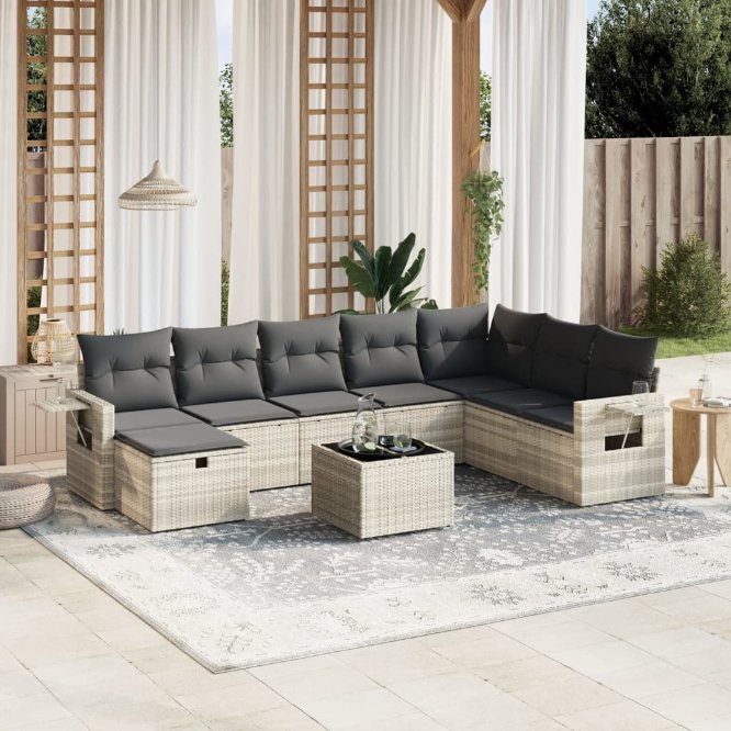 8-tlg. Garten-Sofagarnitur mit Kissen Schwarz Poly Rattan