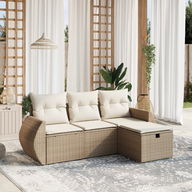 4-tlg. Garten-Sofagarnitur mit Kissen Schwarz Poly Rattan