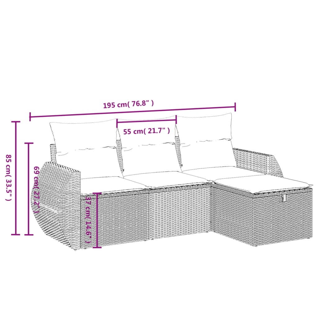 4-tlg. Garten-Sofagarnitur mit Kissen Grau Poly Rattan