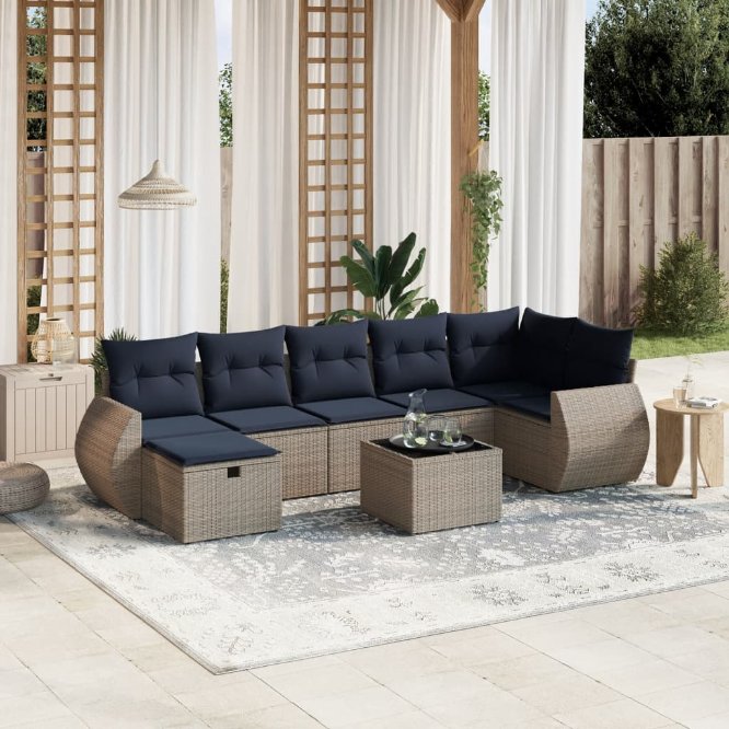 7-tlg. Garten-Sofagarnitur mit Kissen Grau Poly Rattan