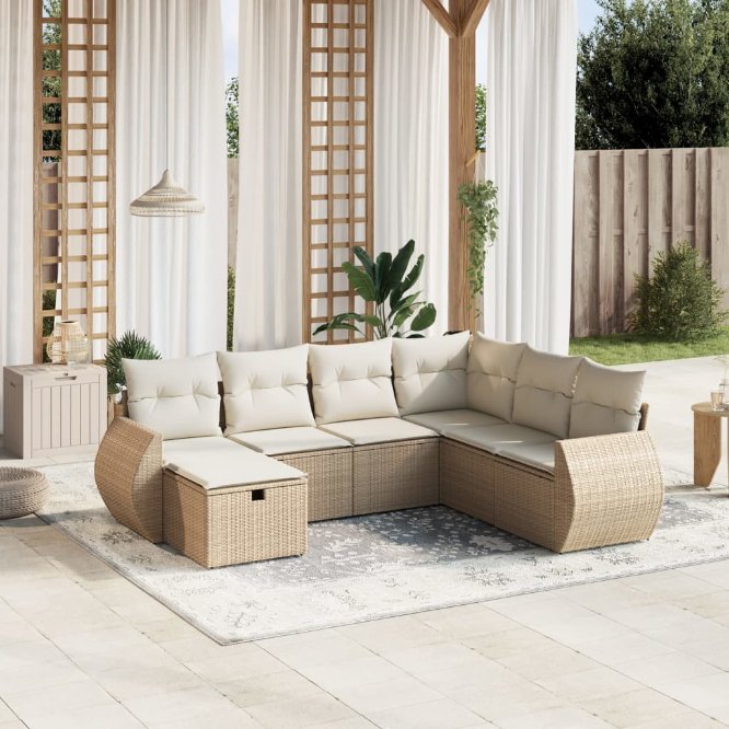 7-tlg. Garten-Sofagarnitur mit Kissen Schwarz Poly Rattan