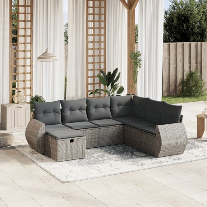 7-tlg. Garten-Sofagarnitur mit Kissen Schwarz Poly Rattan
