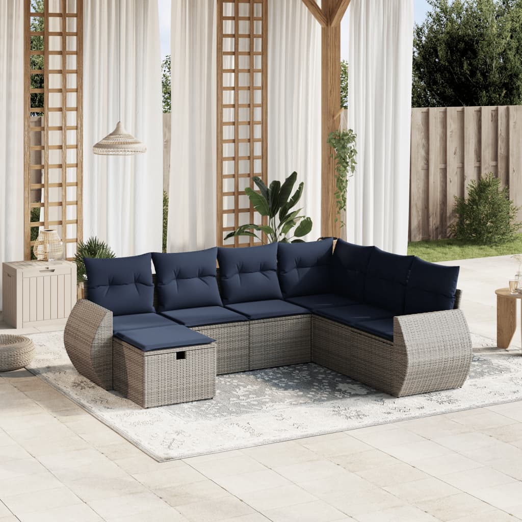 7-tlg. Garten-Sofagarnitur mit Kissen Grau Poly Rattan
