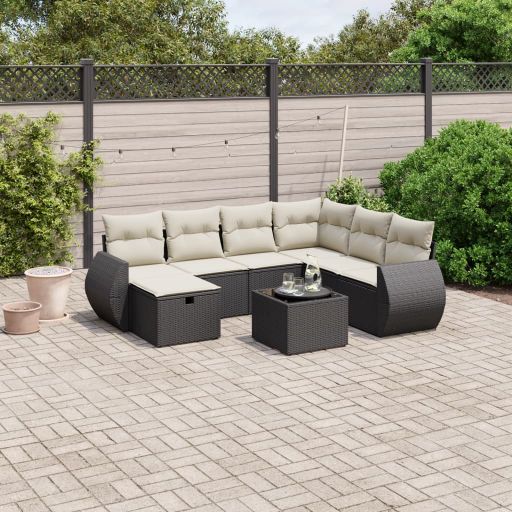 7-tlg. Garten-Sofagarnitur mit Kissen Schwarz Poly Rattan