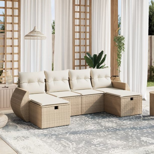 6-tlg. Garten-Sofagarnitur mit Kissen Schwarz Poly Rattan