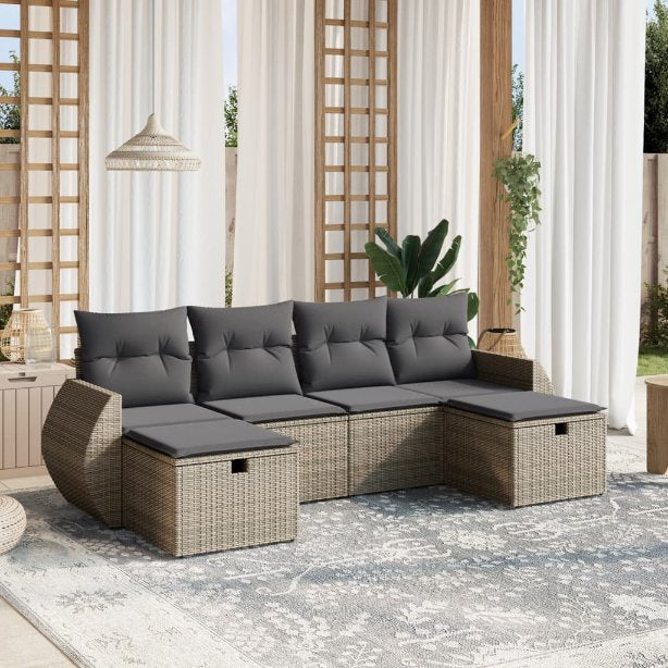 6-tlg. Garten-Sofagarnitur mit Kissen Schwarz Poly Rattan