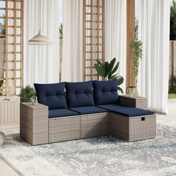 4-tlg. Garten-Sofagarnitur mit Kissen Grau Poly Rattan