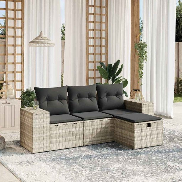 4-tlg. Garten-Sofagarnitur mit Kissen Schwarz Poly Rattan