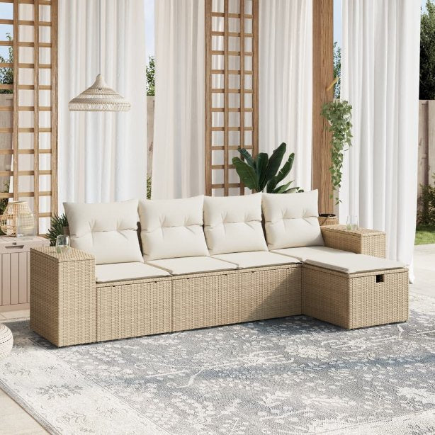 5-tlg. Garten-Sofagarnitur mit Kissen Schwarz Poly Rattan