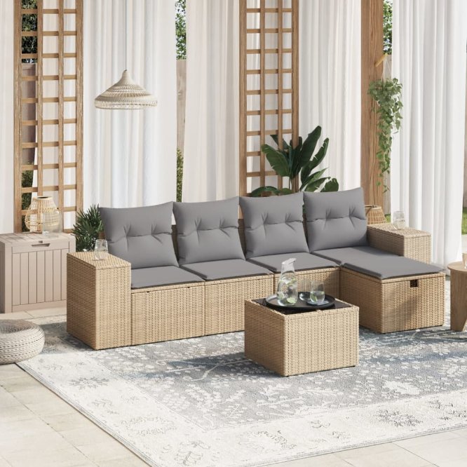 5-tlg. Garten-Sofagarnitur mit Kissen Schwarz Poly Rattan