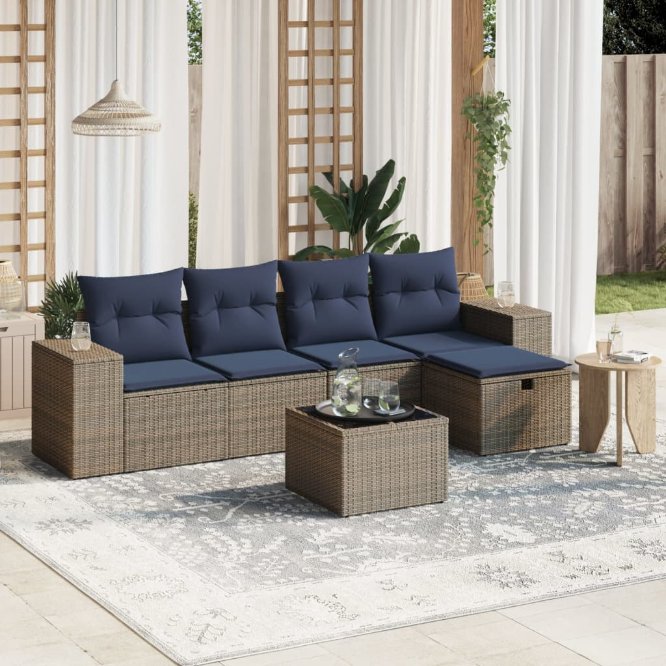 5-tlg. Garten-Sofagarnitur mit Kissen Schwarz Poly Rattan