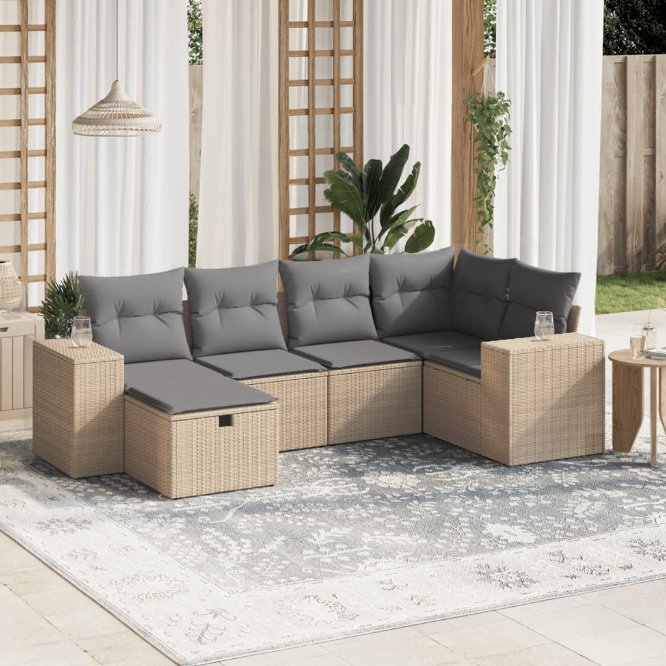 6-tlg. Garten-Sofagarnitur mit Kissen Schwarz Poly Rattan