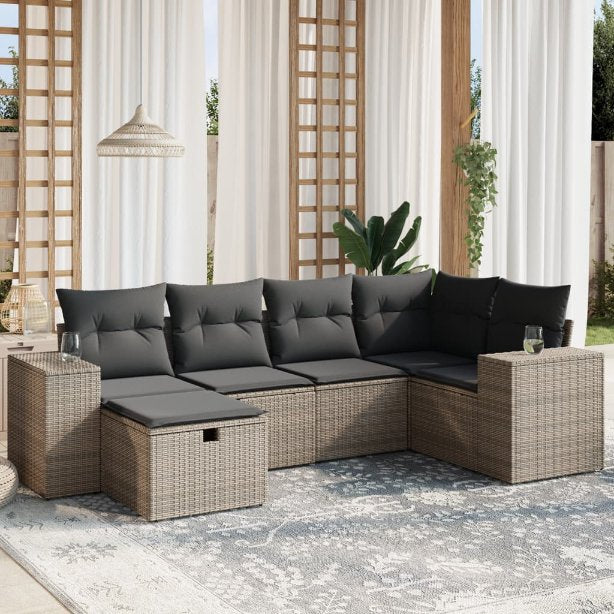 6-tlg. Garten-Sofagarnitur mit Kissen Schwarz Poly Rattan
