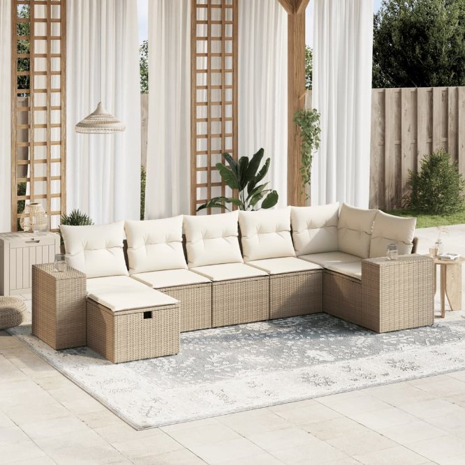 7-tlg. Garten-Sofagarnitur mit Kissen Schwarz Poly Rattan