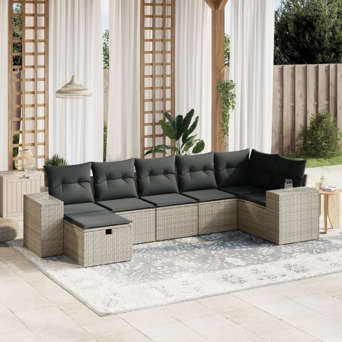 7-tlg. Garten-Sofagarnitur mit Kissen Schwarz Poly Rattan