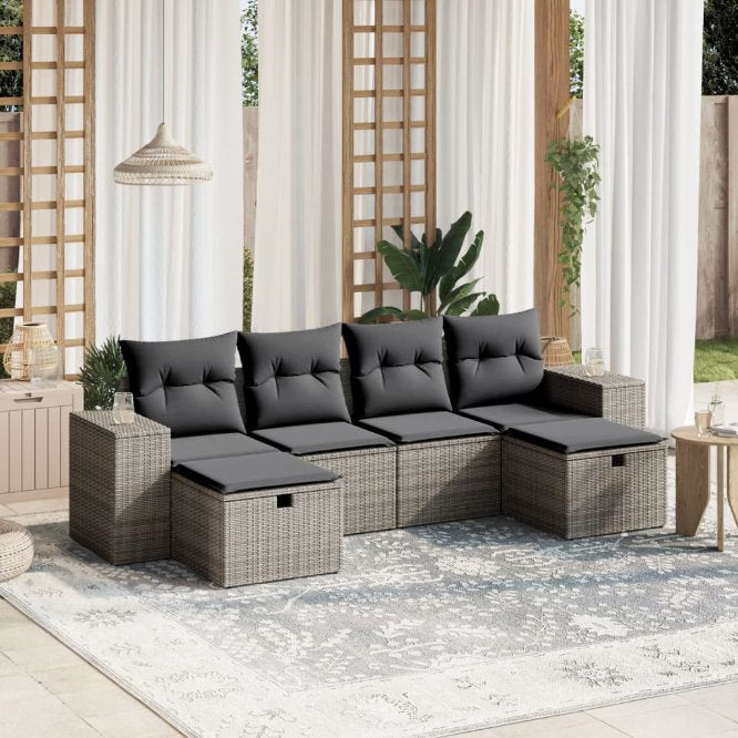 6-tlg. Garten-Sofagarnitur mit Kissen Schwarz Poly Rattan