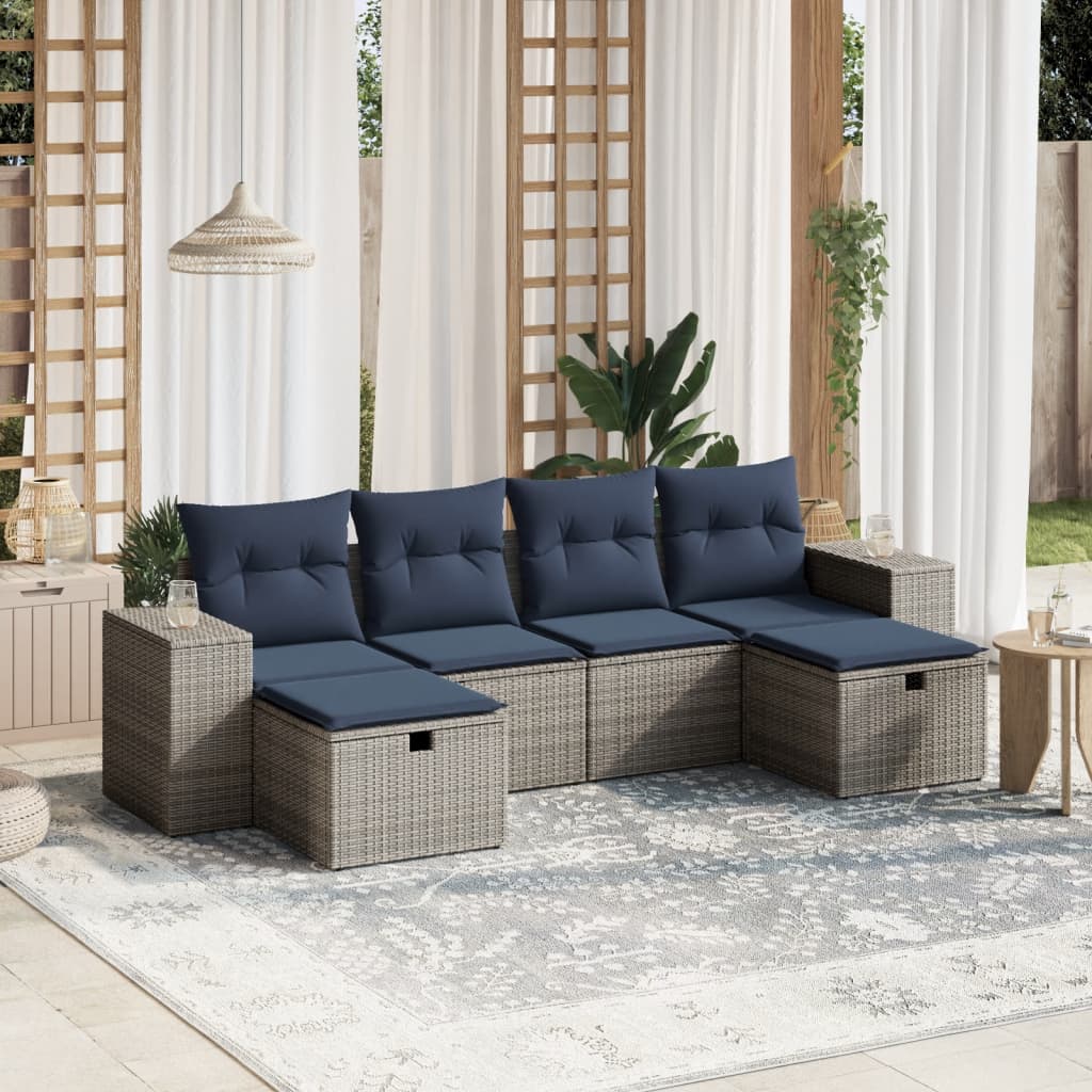 6-tlg. Garten-Sofagarnitur mit Kissen Grau Poly Rattan