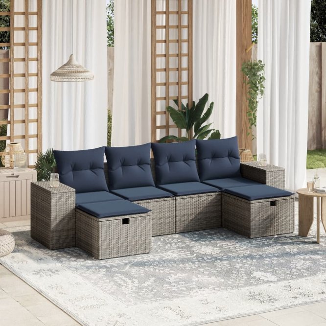 6-tlg. Garten-Sofagarnitur mit Kissen Grau Poly Rattan