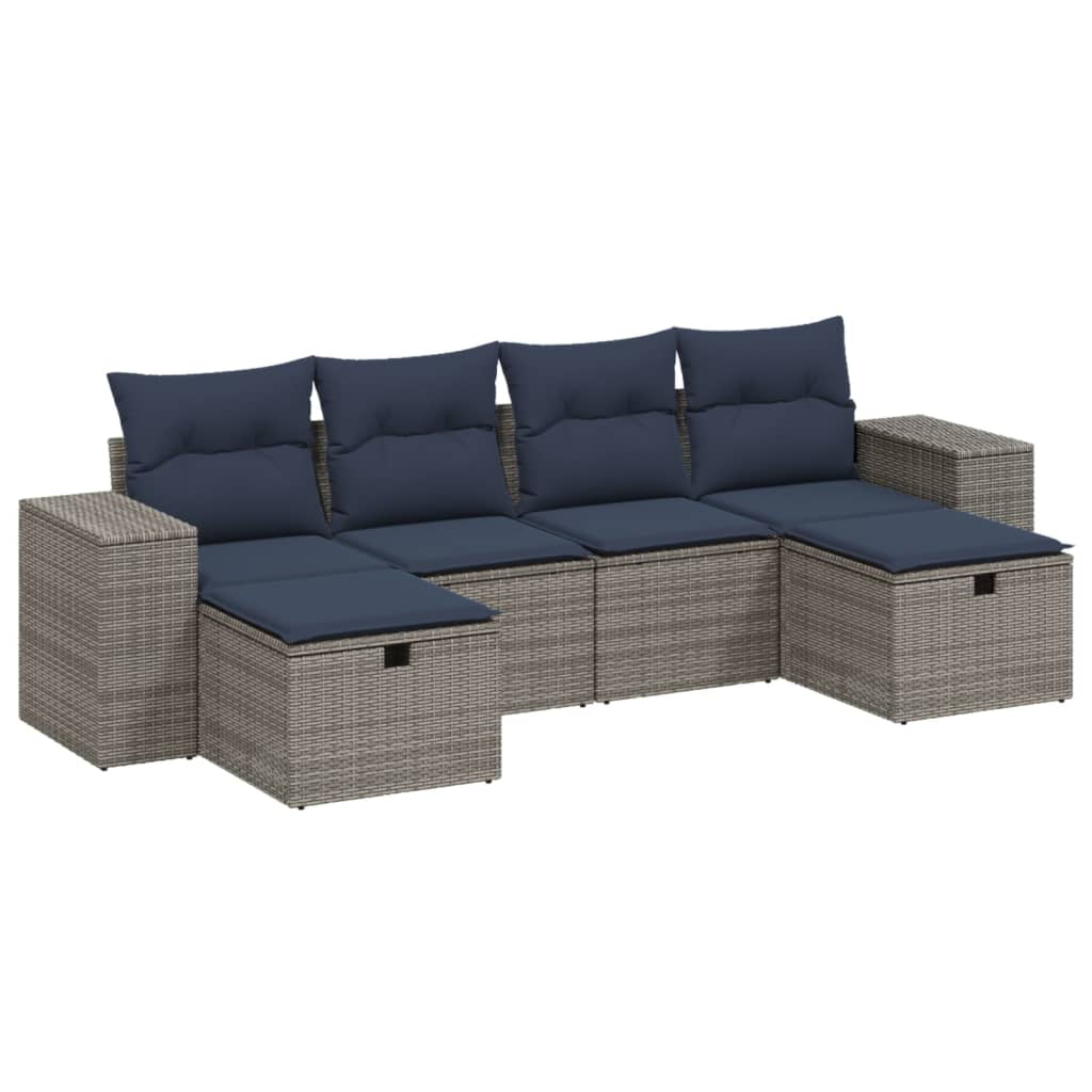 6-tlg. Garten-Sofagarnitur mit Kissen Grau Poly Rattan