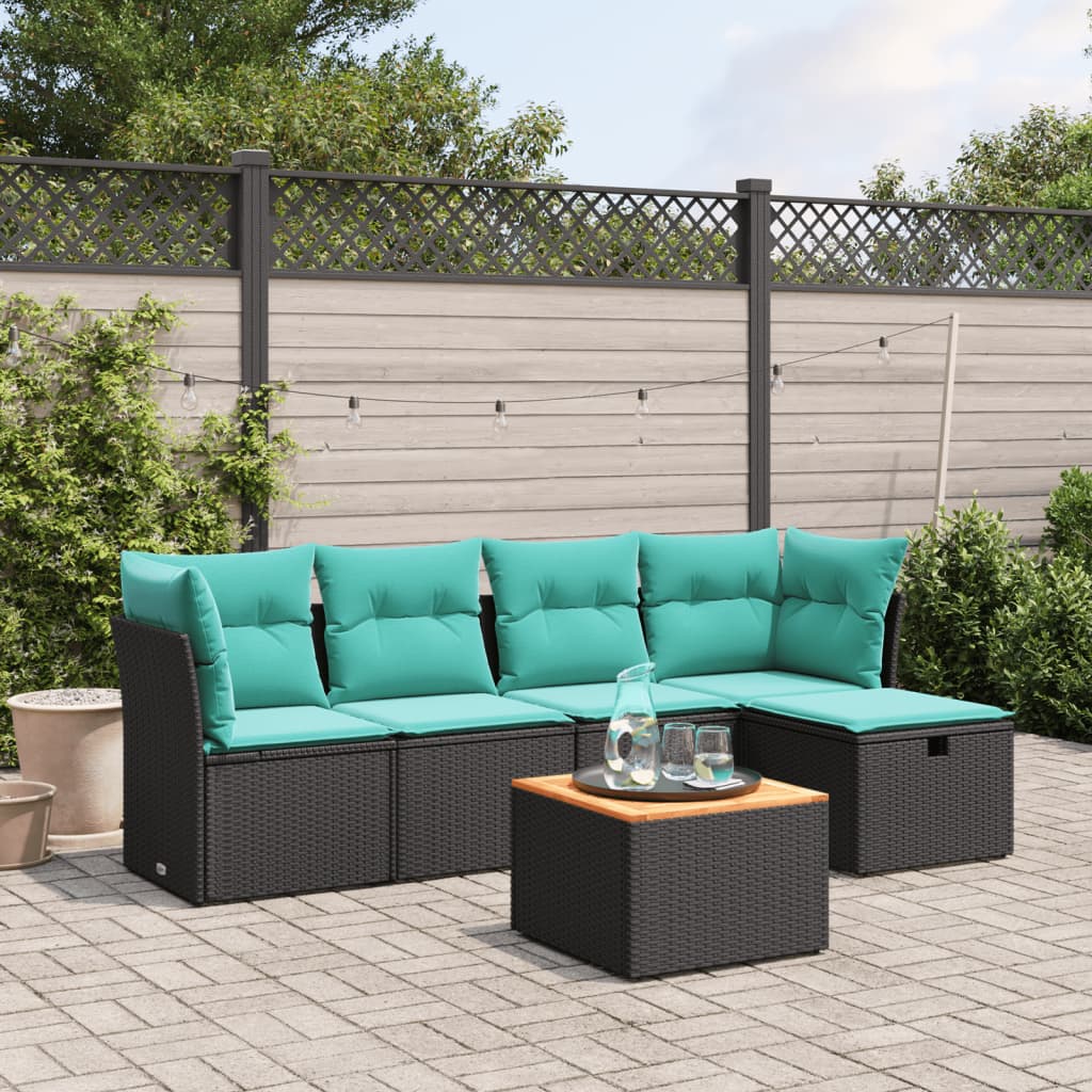 6-tlg. Garten-Sofagarnitur mit Kissen Schwarz Poly Rattan