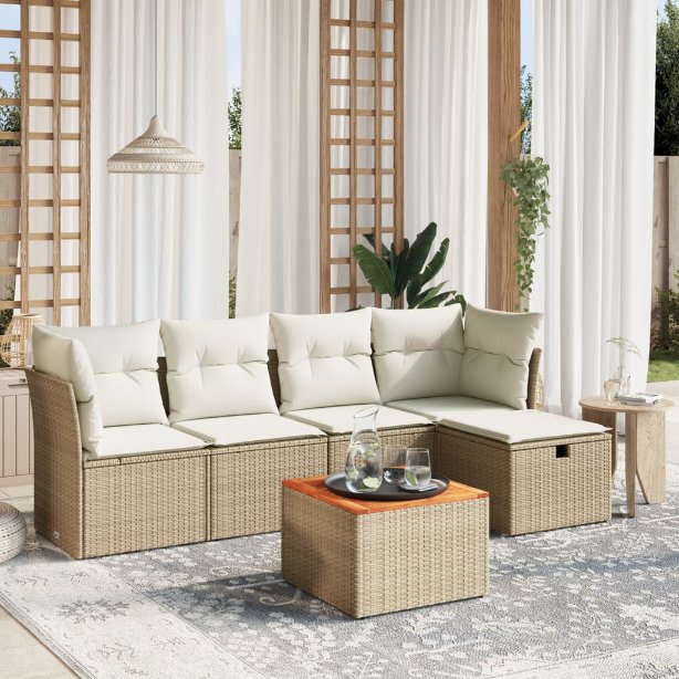 6-tlg. Garten-Sofagarnitur mit Kissen Schwarz Poly Rattan