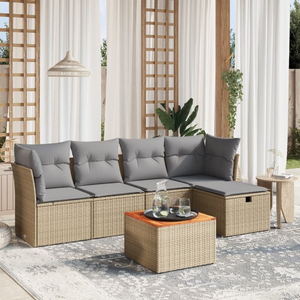 6-tlg. Garten-Sofagarnitur mit Kissen Schwarz Poly Rattan