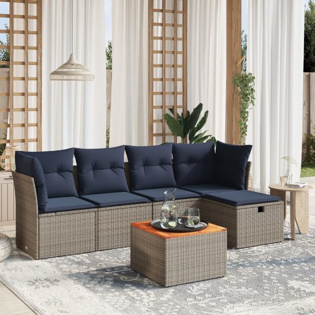 6-tlg. Garten-Sofagarnitur mit Kissen Schwarz Poly Rattan