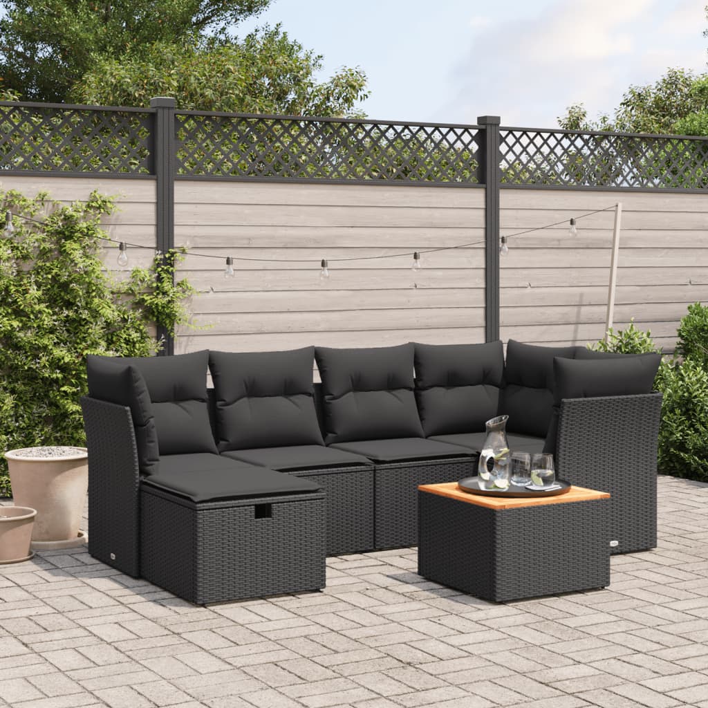 7-tlg. Garten-Sofagarnitur mit Kissen Schwarz Poly Rattan
