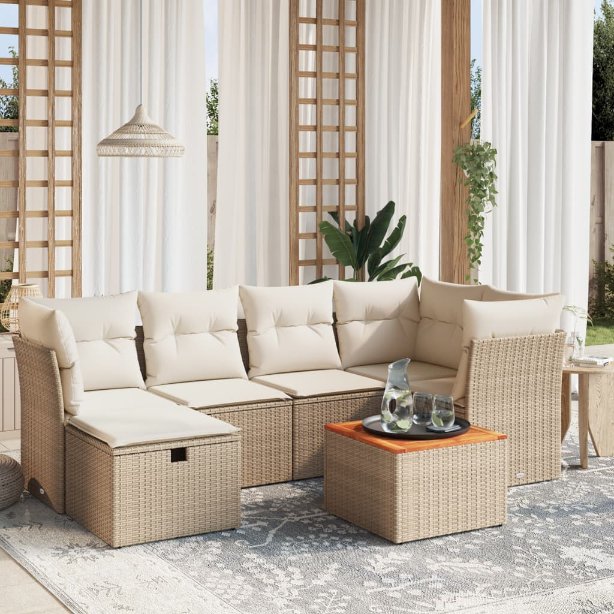 7-tlg. Garten-Sofagarnitur mit Kissen Schwarz Poly Rattan