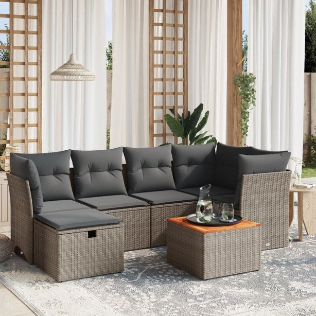 7-tlg. Garten-Sofagarnitur mit Kissen Schwarz Poly Rattan