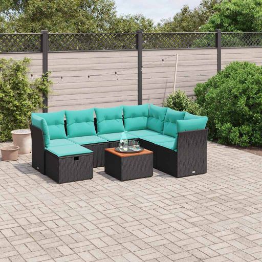8-teiliges Gartensofa-Set mit Kissen, schwarzes Polyrattan