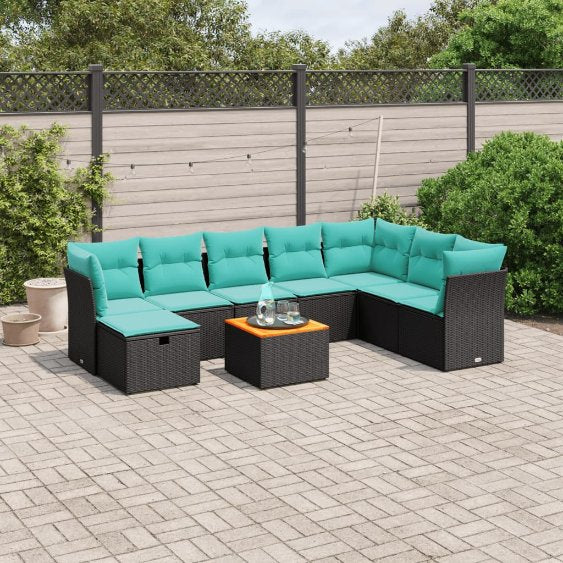 9-tlg. Garten-Sofagarnitur mit Kissen Schwarz Poly Rattan