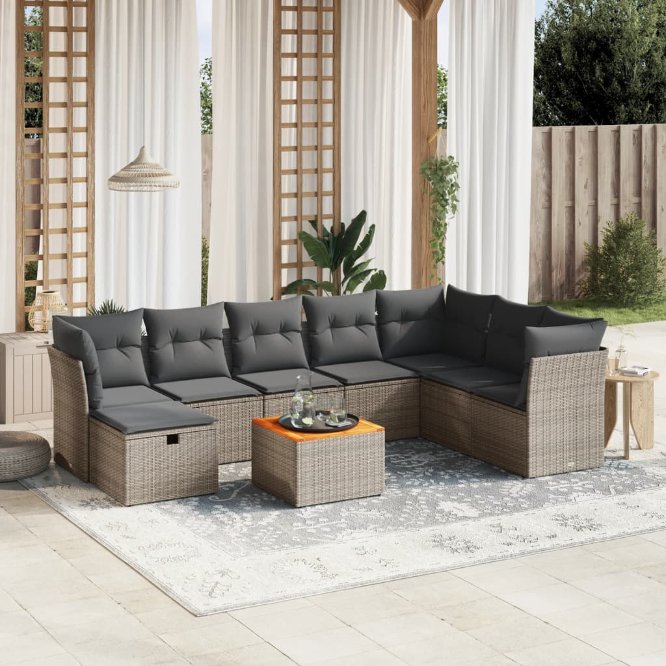9-tlg. Garten-Sofagarnitur mit Kissen Schwarz Poly Rattan