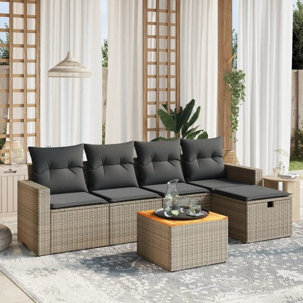 6-tlg. Garten-Sofagarnitur mit Kissen Schwarz Poly Rattan
