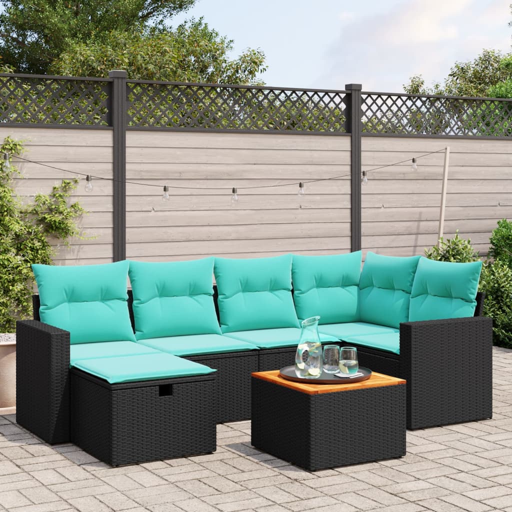 7-tlg. Garten-Sofagarnitur mit Kissen Schwarz Poly Rattan