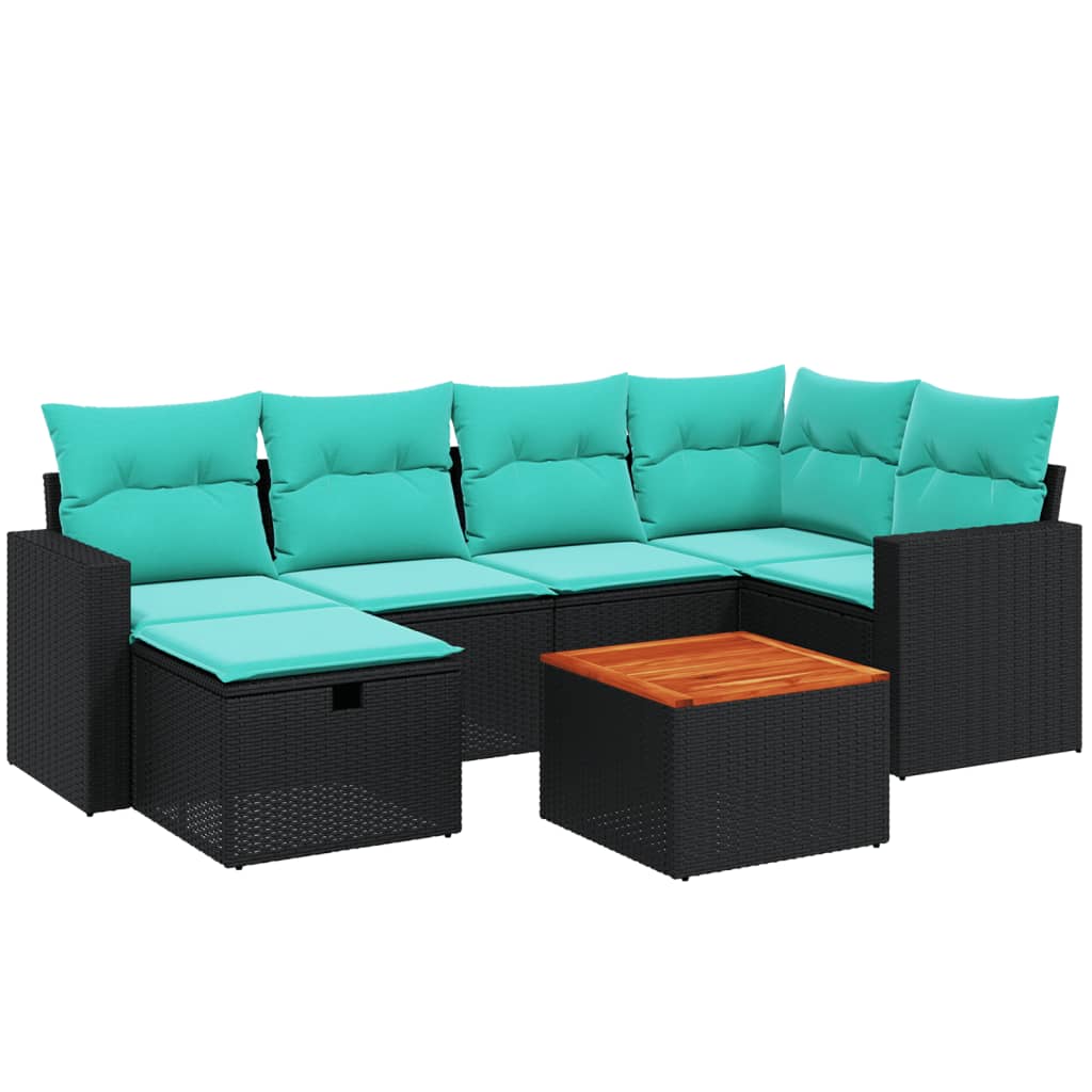 7-tlg. Garten-Sofagarnitur mit Kissen Schwarz Poly Rattan