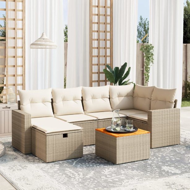 7-tlg. Garten-Sofagarnitur mit Kissen Schwarz Poly Rattan