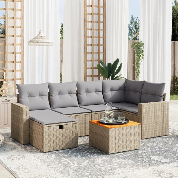 7-tlg. Garten-Sofagarnitur mit Kissen Schwarz Poly Rattan