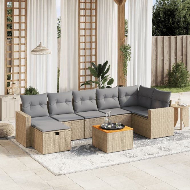 8-tlg. Garten-Sofagarnitur mit Kissen Schwarz Poly Rattan