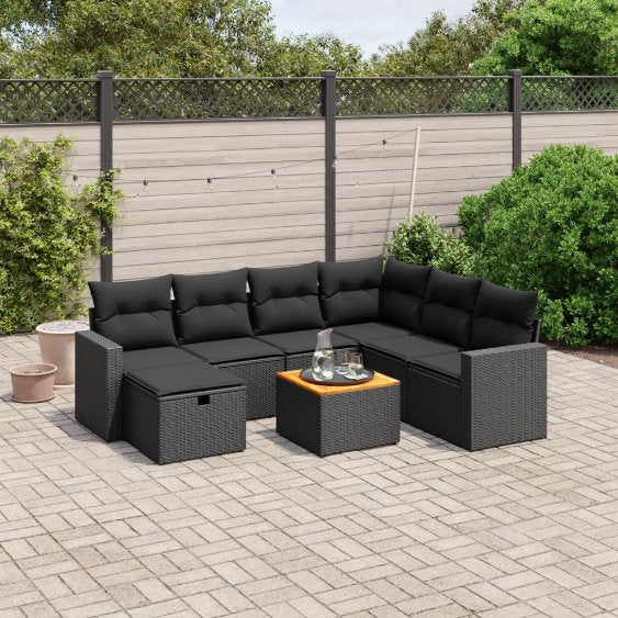 8-tlg. Garten-Sofagarnitur mit Kissen Schwarz Poly Rattan