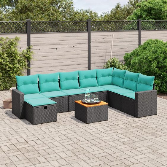 9-tlg. Garten-Sofagarnitur mit Kissen Schwarz Poly Rattan