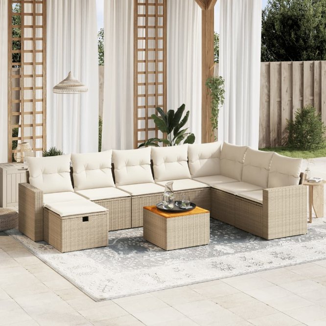 9-tlg. Garten-Sofagarnitur mit Kissen Schwarz Poly Rattan