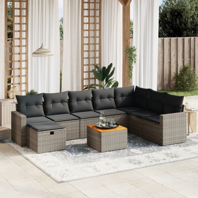 9-tlg. Garten-Sofagarnitur mit Kissen Schwarz Poly Rattan
