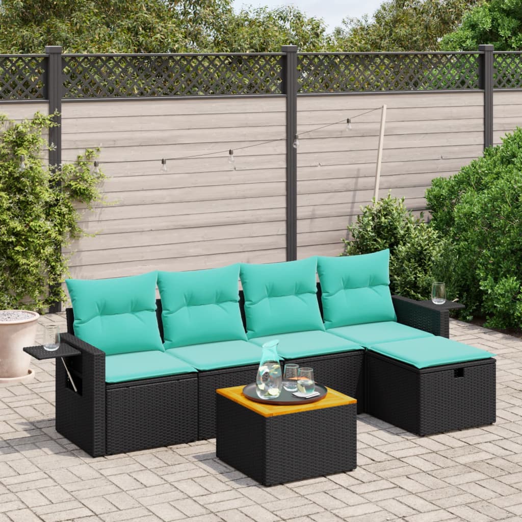 6-tlg. Garten-Sofagarnitur mit Kissen Schwarz Poly Rattan
