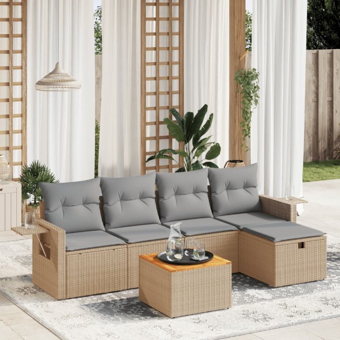 6-tlg. Garten-Sofagarnitur mit Kissen Schwarz Poly Rattan